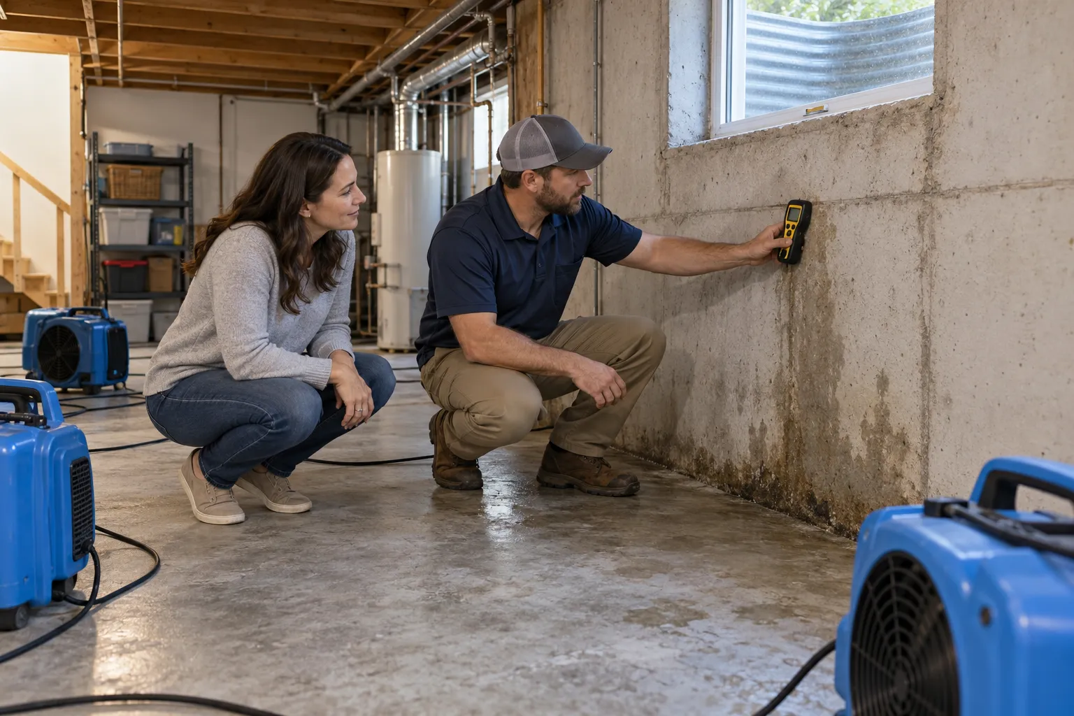 Water damage restoration technician drying a flooded living room in Grand Rapids